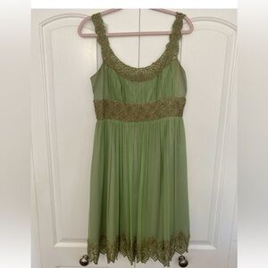 Adrianna Papell Olive Green Midi Dress with Gold Beaded Trim